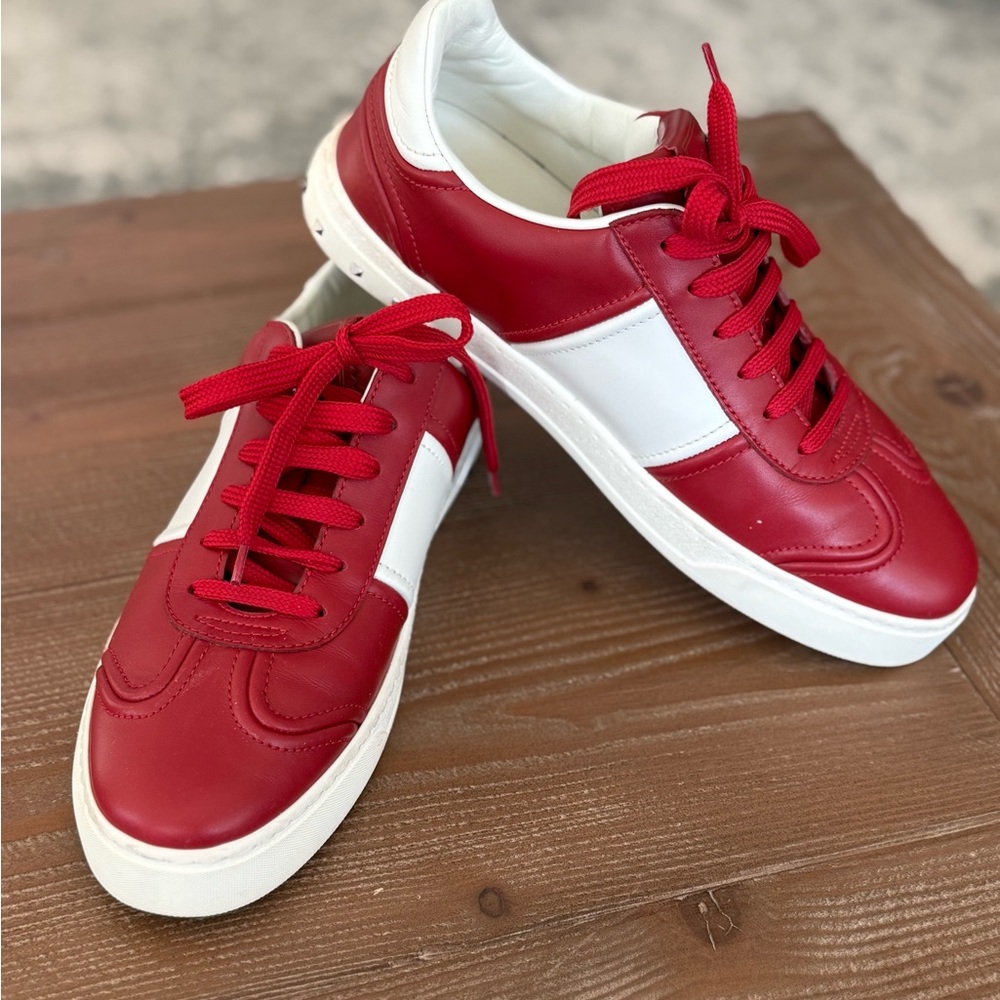 Valentino Garavani Red and White Leather Sneakers